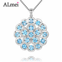 7.2ct Big 925 Sterling Silver Light Blue Topaz Crystal Stone Round Pendant Natural Rhinestone Jewelry with Chain Box CN053