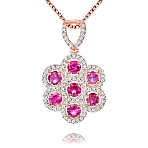 7pcs 0.2ct Garnet Rhinestone Pendant Genuine 925 Sterling Silver Rose Gold Color Chain Flower Necklace with Box CN029