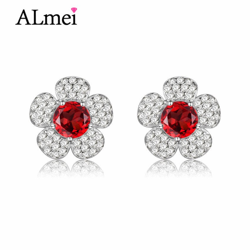 925 Sterling Silver Jewelry Sparkling Flower 0.5ct Red Fire Garnet Health Stud Earrings for Women Free Box 40% FR013