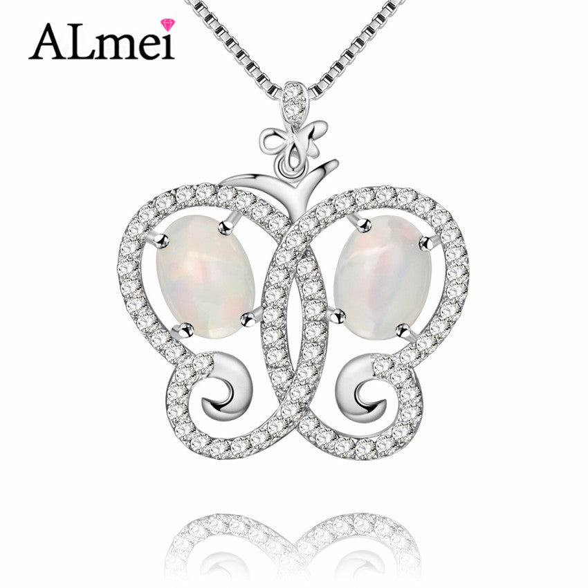 925 Sterling Silver Snow white Butterfly Fire Opal Necklace Animal Butterfly Pendant Jewelry for Women with Box CN015