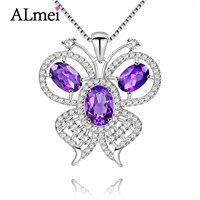 Beautiful Butterfly With 3pcs 1.2ct Amethyst Purple Natural Zircon Pendant Necklace Silver 925 Fine Jewelry with Box CN047