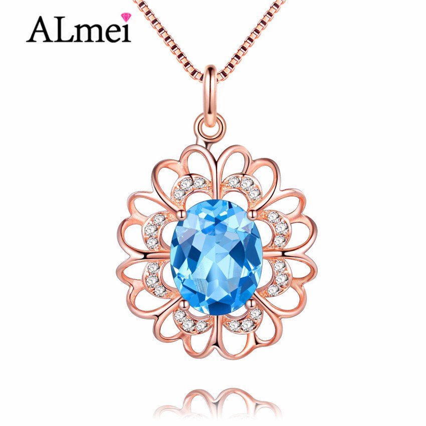 Blue Topaz Bead Pendants Round Real Pure 925 Sterling Silver Rose Gold Color Flower Fine Jewelry with Free Box 40% FN011