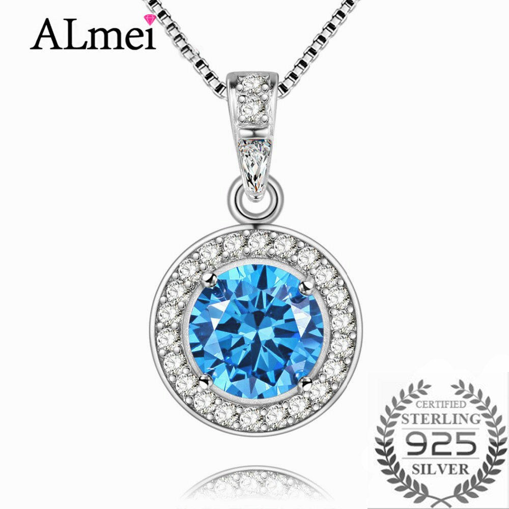 Blue Topaz Halo Solitaire 925 Sterling Silver Necklace & Pendant 18 Inches Style Summer Jewelry for Women 40% FN007