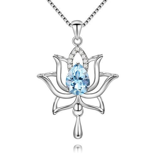 Female 1.2ct Blue Topaz 925 Sterling Silver Lotus Necklaces & Pendants for Women Elegant Dandelion Flower with Box CN055