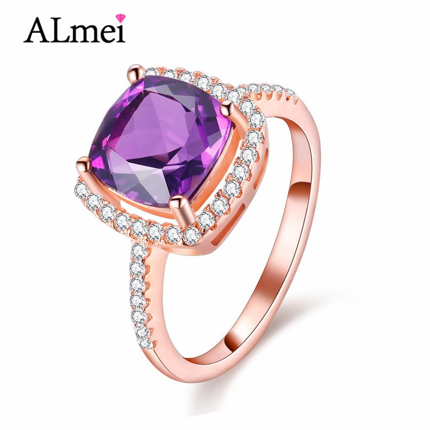 Female 925 Sterling-Silver-Jewelry Amethyst Gemstone Rose Gold Color Statement Love Rings for Women with Gift Box 40%FJ018