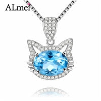 Girls Gift 2ct Blue Topaz Cat Necklace Long Pendant Brand Crystal Chain New 2020 Silver 925 Women Jewelry with Box CN030