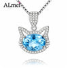 Girls Gift 2ct Blue Topaz Cat Necklace Long Pendant Brand Crystal Chain New 2020 Silver 925 Women Jewelry with Box CN030