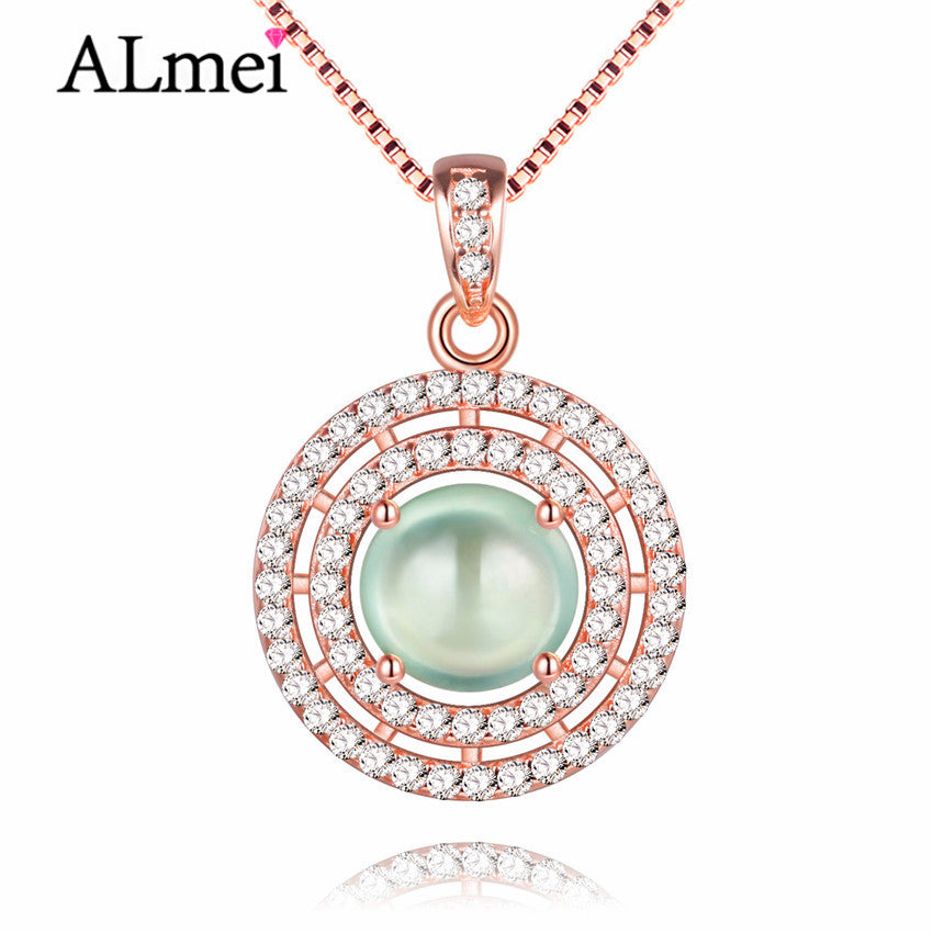 Green Jade Double Circles Pendant Necklaces Silver 925 Rose Gold Color Statement Jewelry for Women with Free Box 40% FN004