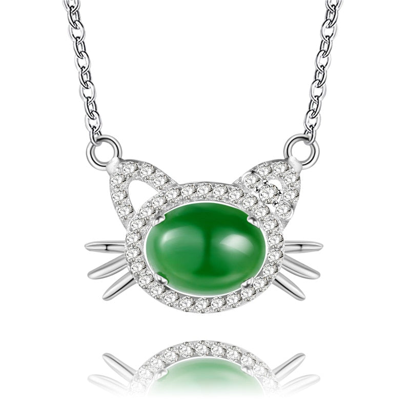 Lovely Cat Design Necklace Brilliant 2ct Green Jasper Rhinestone Animal Pet Charm Silver 925 Jewelry with Box 40% FN056