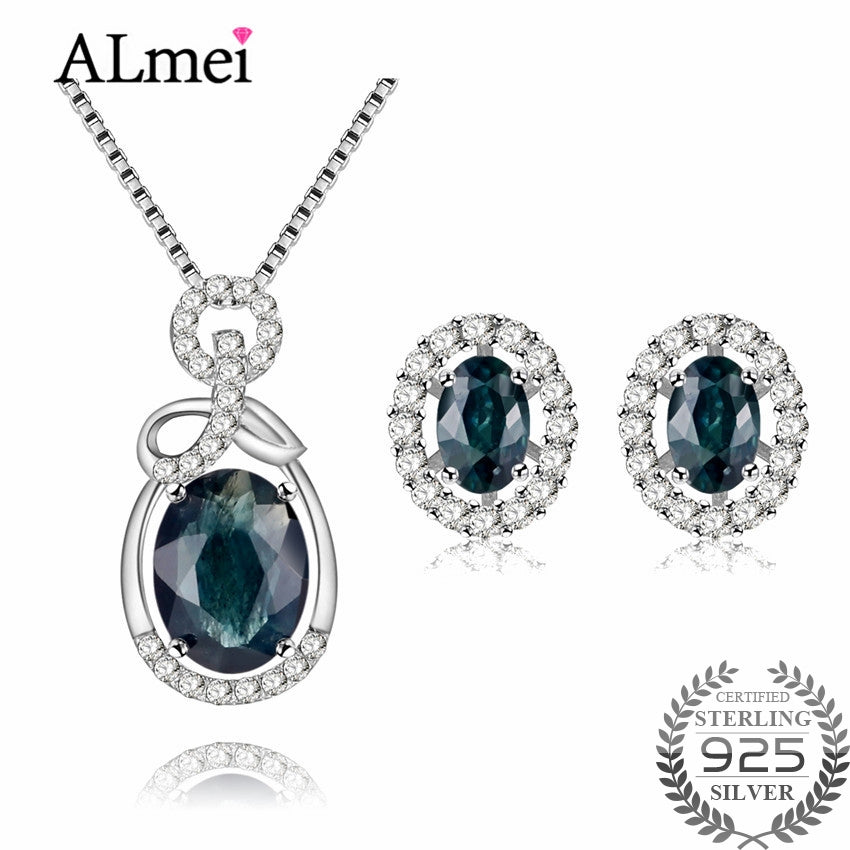 Oval 925 Sterling Silver Sapphire Costume Jewelry Sets Women Pendant Necklace Earrings for Birthd Gift with A Box CT009