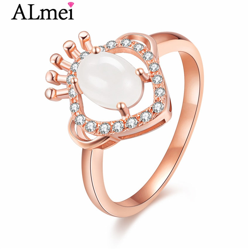 Oval Jade White Beads Rings 925 Sterling Silver Rose Gold Color Jewelry Unique Engagement Rings for Women with Box CJ041