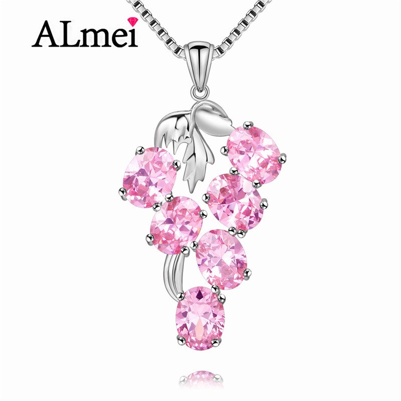Pink Cubic Zirconia Grape Shape Pendant Genuine 925 Sterling Silver 6 Oval Zircon Fruit Summer Jewelry with Box CN014