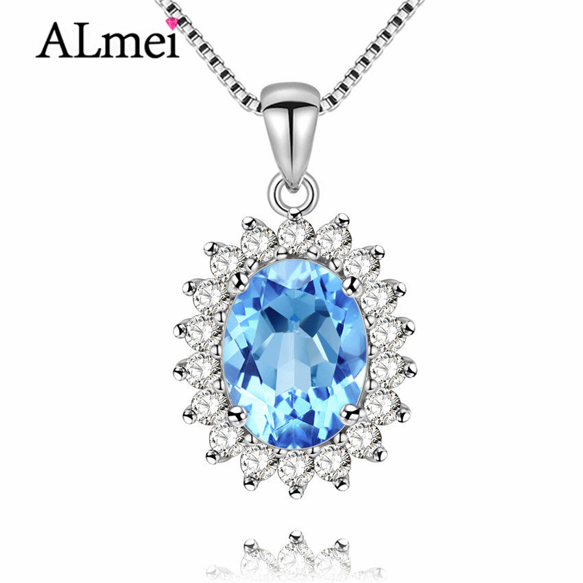 Princess Natural Blue Topaz Halo Pendant Solid 925 Sterling Silver Charm Fine Jewelry for Women with Free Box 40% FN018