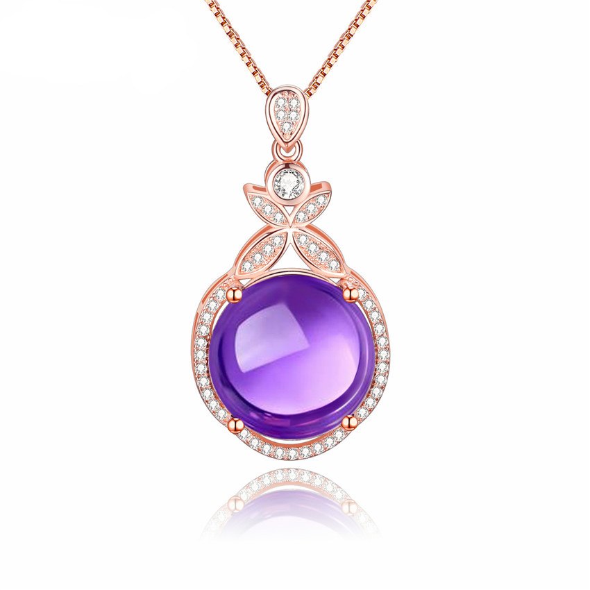 Purple Amethyst Crystal 925 Sterling Silver Statement Pendant Necklace Rose Gold Color Women Jewelry with Chain Box CN064
