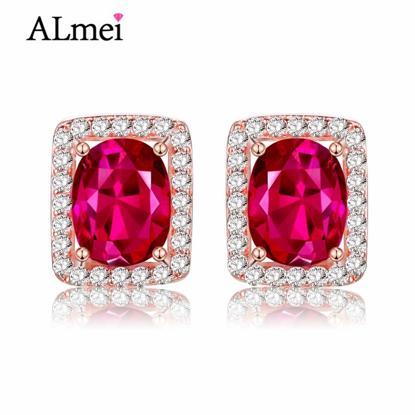 Red Oval Topaz Rhinestones Stud Earrings Genuine Silver 925 Fine Jewelry for New Year Christmas Gifts with Box 40% FR012