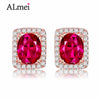 Red Oval Topaz Rhinestones Stud Earrings Genuine Silver 925 Fine Jewelry for New Year Christmas Gifts with Box 40% FR012