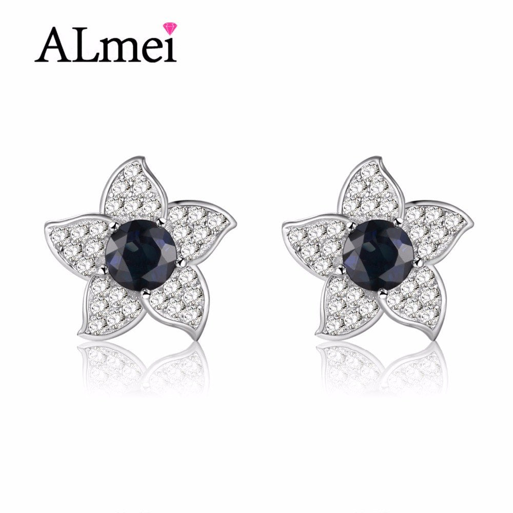 Star Flower Halo Stud Earrings 925 Sterling Silver Round Cut Sapphire Bridal Bridesmaid Jewelry with Free Box 40% FR016