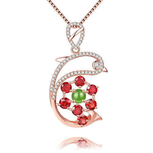 Women 1.4ct Garnet 925 Sterling Silver Red Natrual Stone Dolphin Pendant Necklaces for Women Jewelry Gift with Box CN044