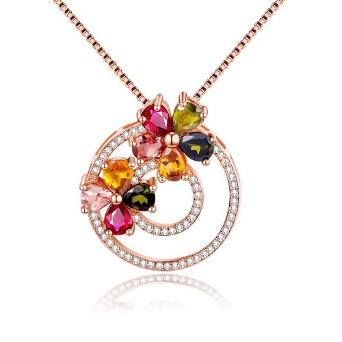 Women 2.8ct Tourmaline Colorful Round Crystal Pendant Necklace Silver 925 Unique Design Flower Fine Jewelry with Box CN050