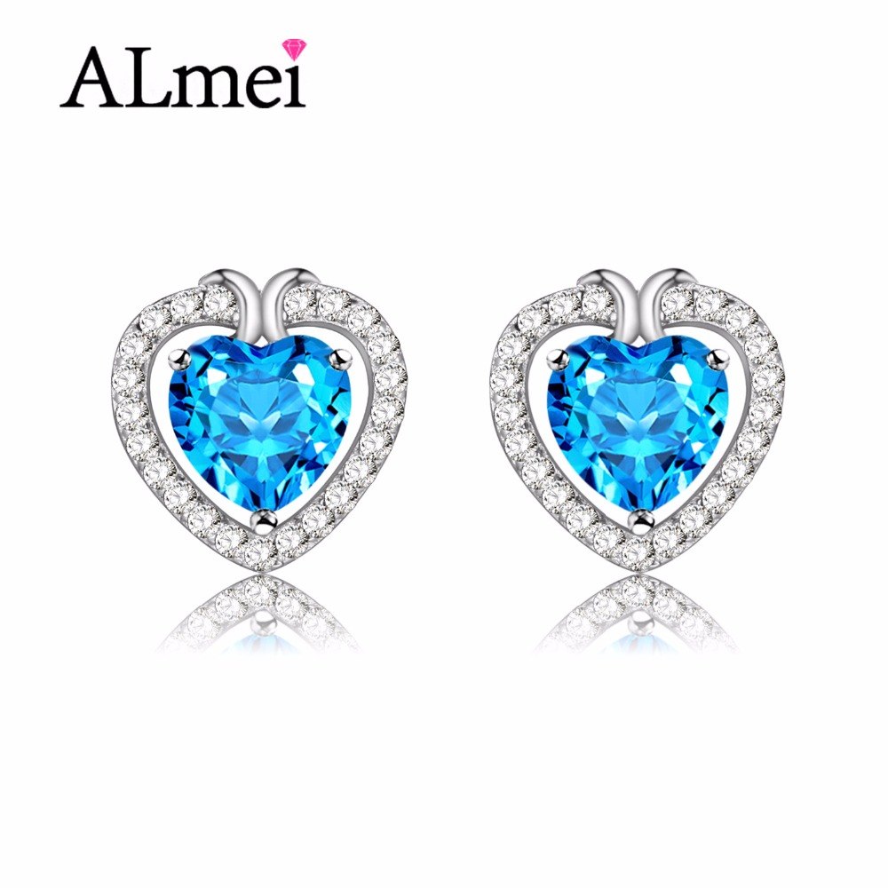 Women Earrings Sky Blue Topaz Crystal Heart Stud Earring CZ 925 Sterling Silver Jewelry for Women Free Box 40% FR011