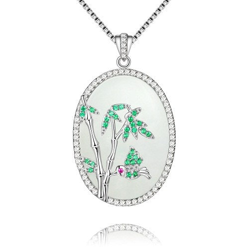 Women Genuine Jade Bamboo and Bird Pendant Necklaces 925 Sterling Silver Good Luck Fine Jewelry for Mother with Box CN049