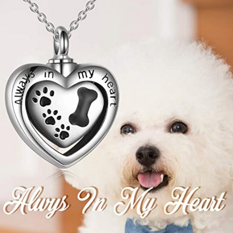 Always in My Heart Pet Paw Dog Bone Cremation Heart Urn Necklace For Dog Ash Jewelry Memorial Keepsake Pendant Jewelry