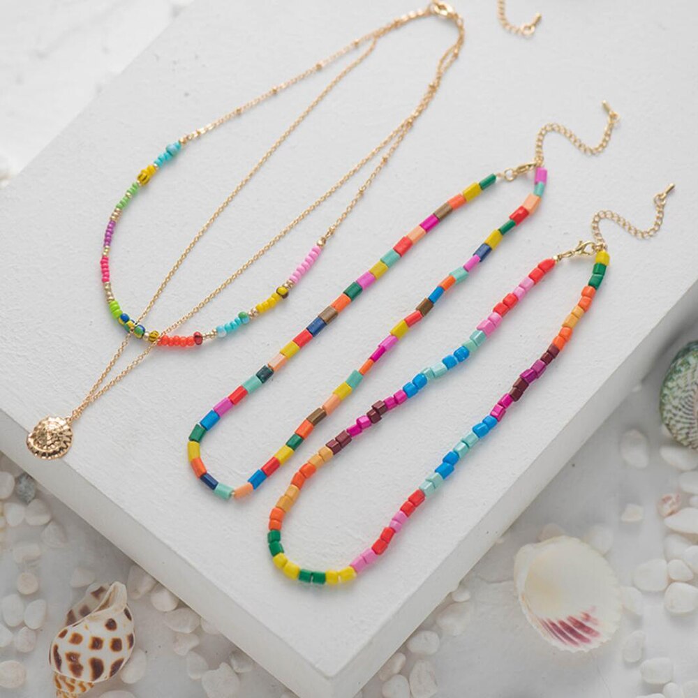 Amaiyllis Bohemia Seasnail Pendant Choker Necklace For Women Beach Colorful Beads Strand Choker Collar Handmade Clavicle Chain