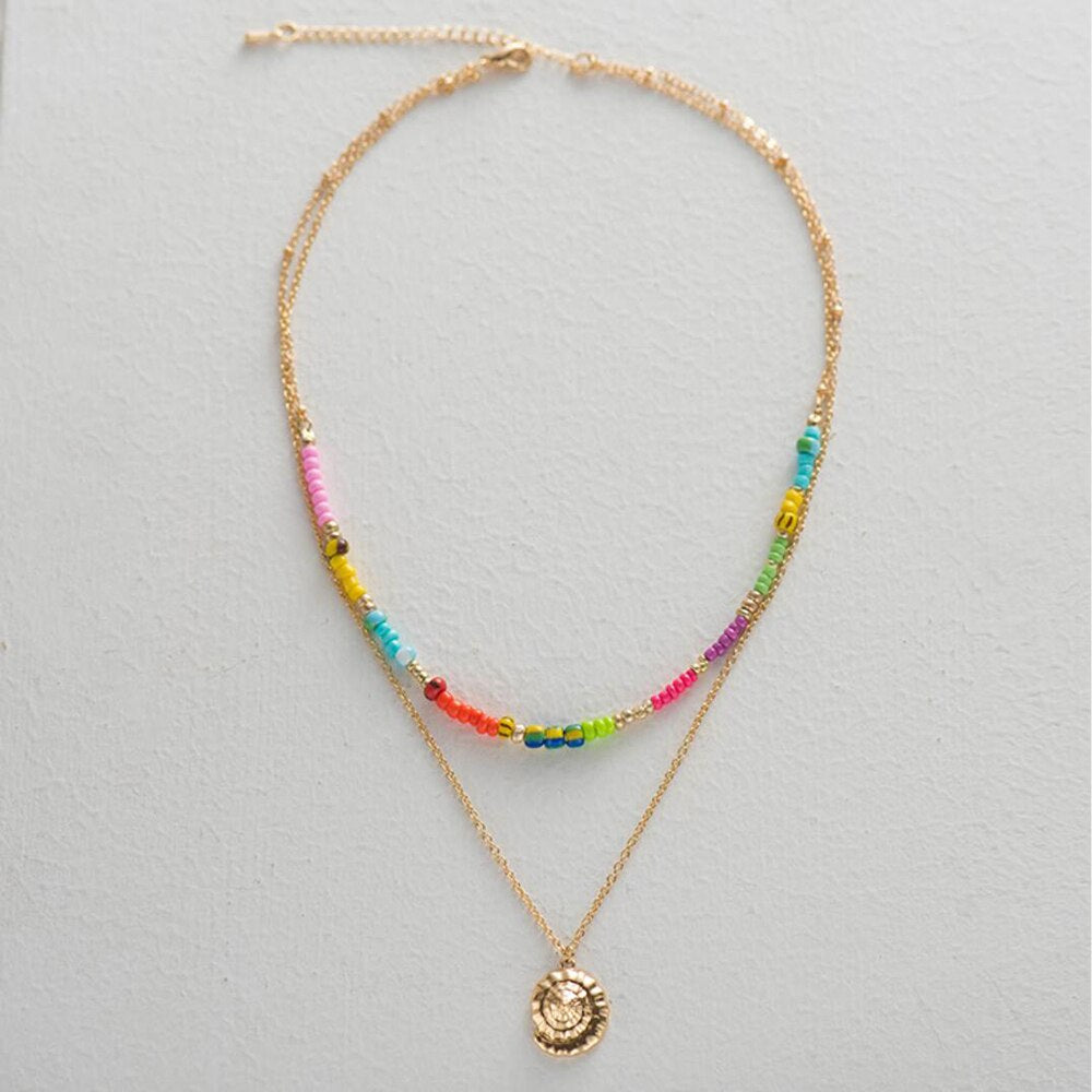 Amaiyllis Bohemia Seasnail Pendant Choker Necklace For Women Beach Colorful Beads Strand Choker Collar Handmade Clavicle Chain