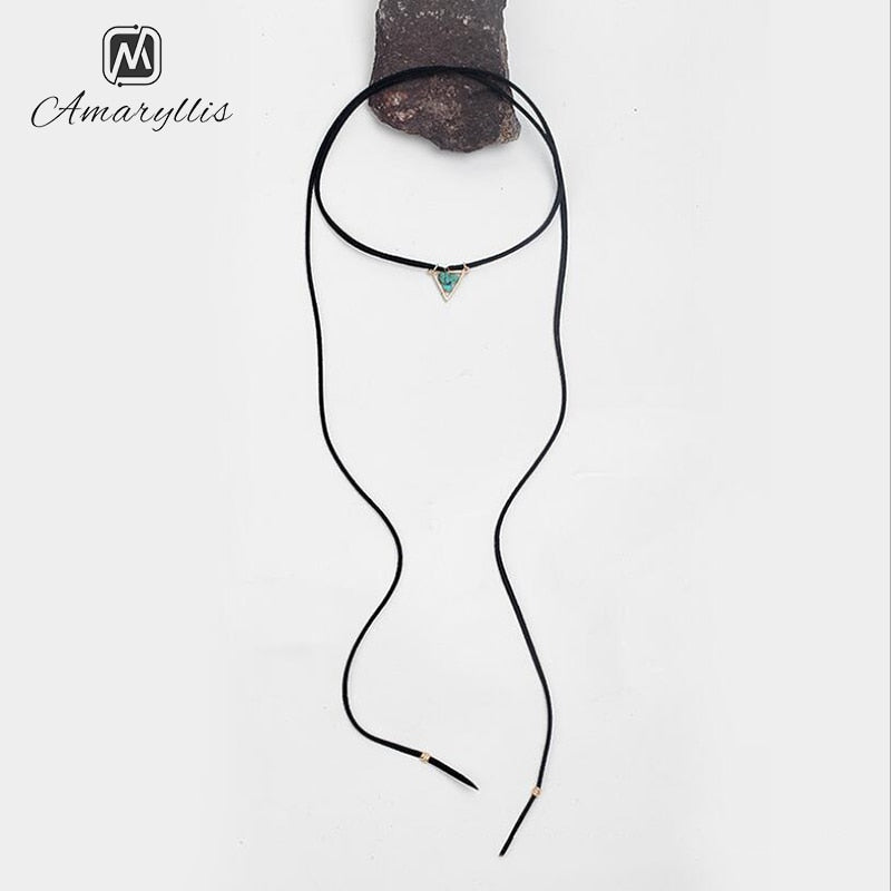 Amaiyllis Vintage Metal Triangle Pendant Rope Chain Necklace For Women Bohemia Stone Chips Dangle Long leather Sweater Chain