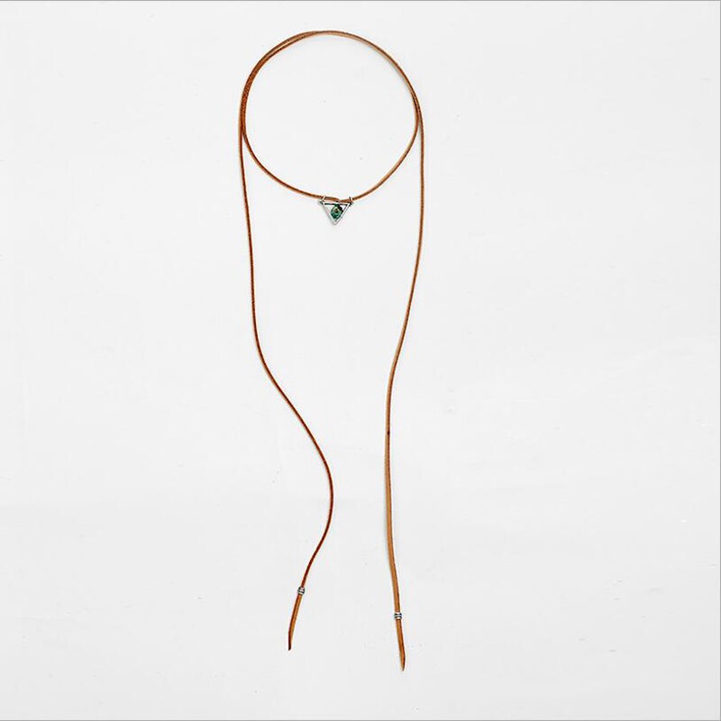 Amaiyllis Vintage Metal Triangle Pendant Rope Chain Necklace For Women Bohemia Stone Chips Dangle Long leather Sweater Chain