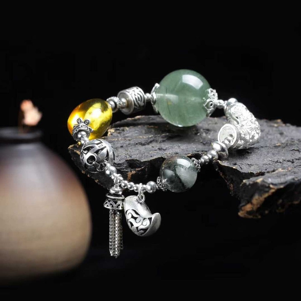 Amber Bracelet Lady Green Amber 925 Sliver Hand-Crafted Jewelry Antique Lovely Beads Adult Wedding Jewelry Natural Jewelry
