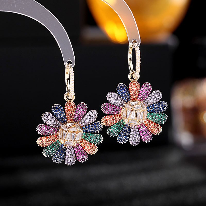America Jewelry  Color Zircon Exaggerated Daisy Flower Earrings Elegant Women's Holiday Party Accessories