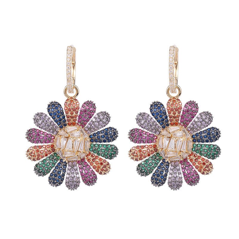 America Jewelry  Color Zircon Exaggerated Daisy Flower Earrings Elegant Women's Holiday Party Accessories
