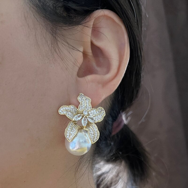 America Jewelry Silver Color Exaggerated Lily Flower Pearl Pendant Earrings  Women's Wedding Party Accessories