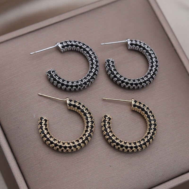 America Jewelry 14K Gold Plating  Black Zircon C-shaped Earrings Elegant Women's Daily Simple Accessories