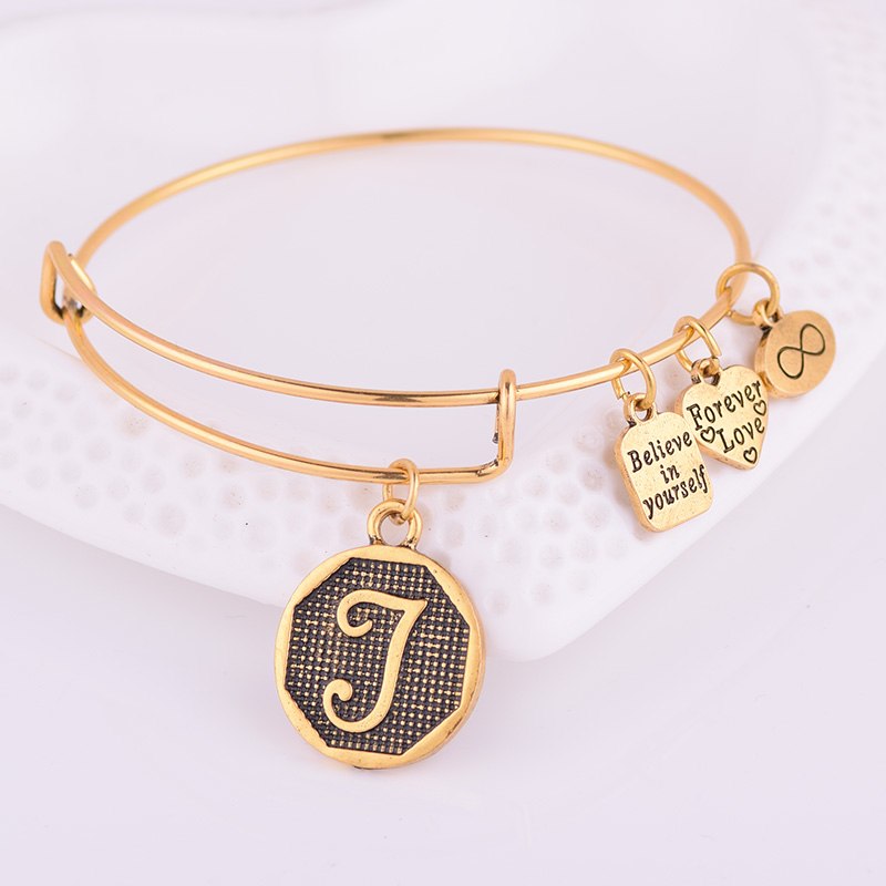 American Expandable Bracelet Diameter Metallic Ancient Gold A-Z Initial Letter Alphabet Charm Bracelet Adjustable Wire Bangle