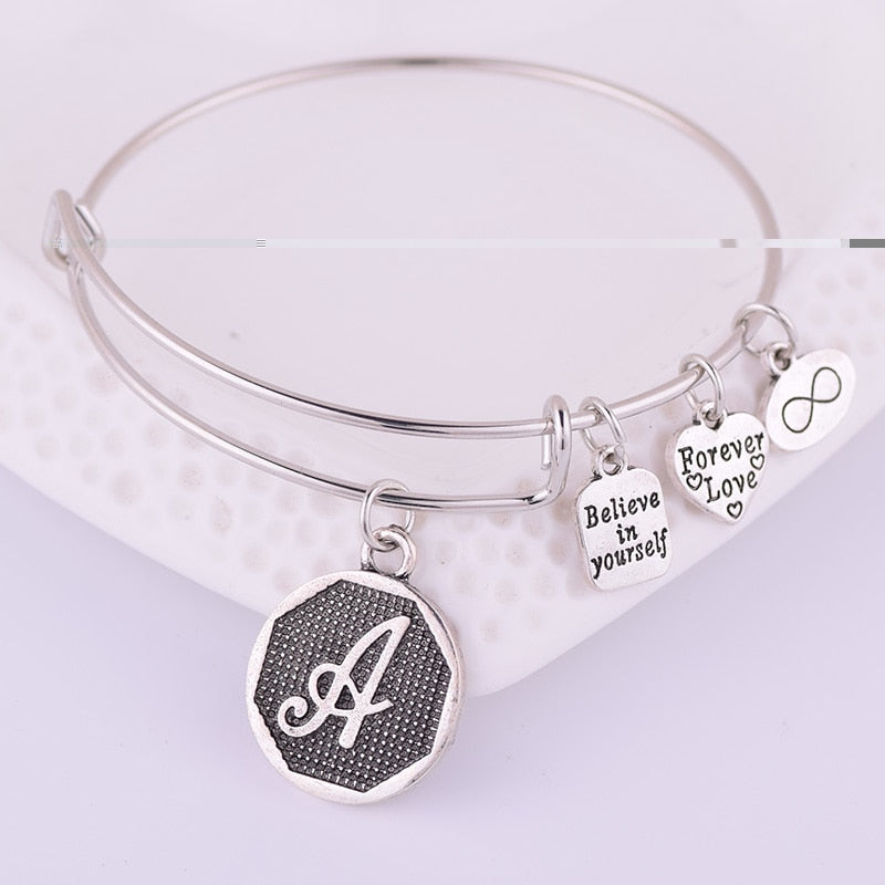 American Expandable Bracelets Silver Ancient A-Z Initial Letter Alphabet Charm Bracelet Adjustable Wire Wrap Cuff Bangle Women