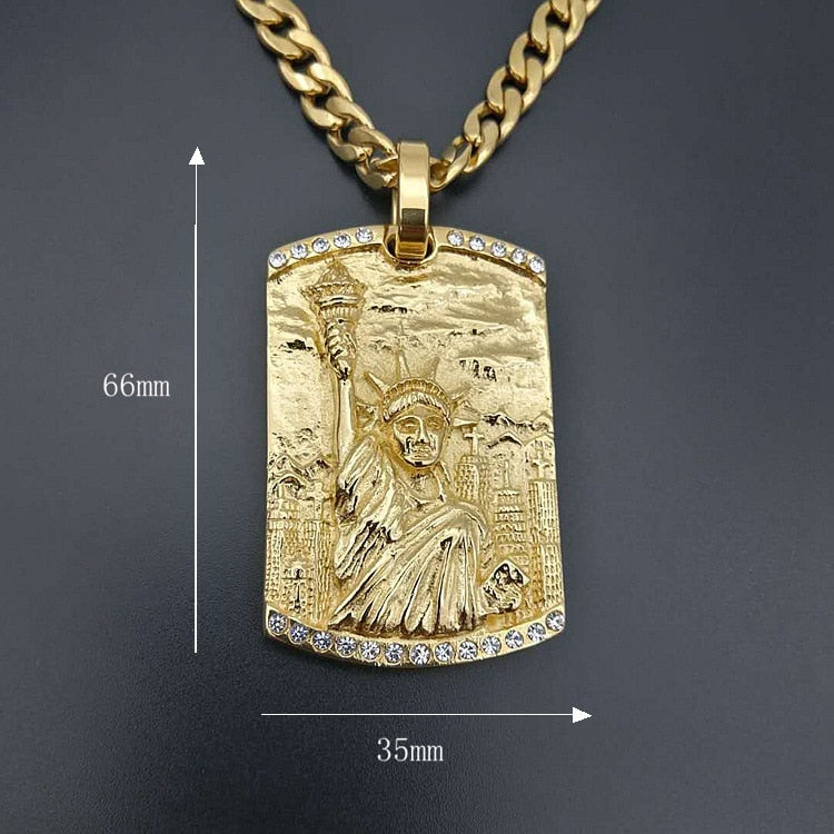 American Rebel Statue Of Liberty Pendant Necklace with zircon Gold Color Stainless Steel Men/Women Chain US Symbol Jewelry