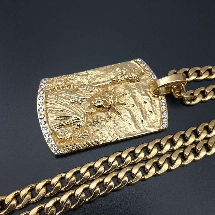 American Rebel Statue Of Liberty Pendant Necklace with zircon Gold Color Stainless Steel Men/Women Chain US Symbol Jewelry