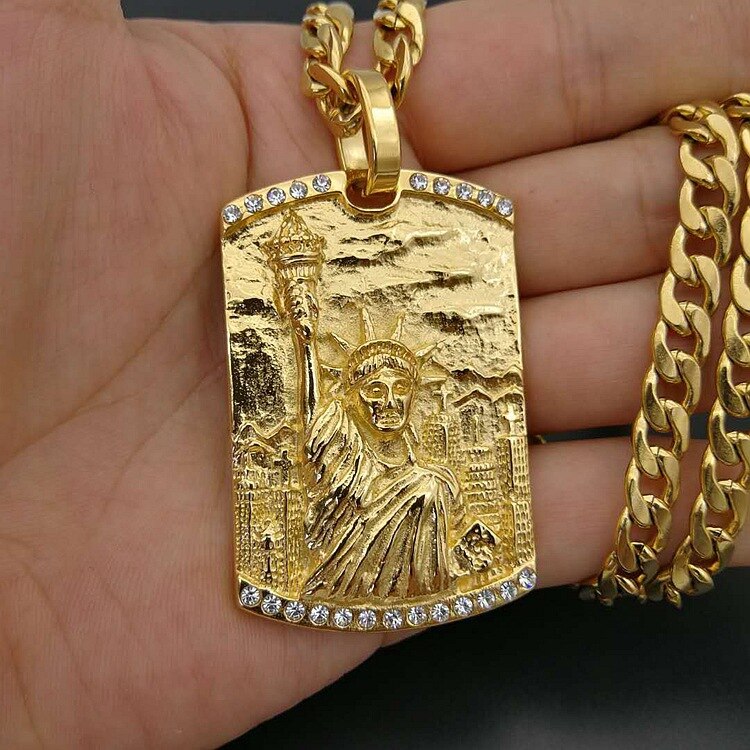 American Rebel Statue Of Liberty Pendant Necklace with zircon Gold Color Stainless Steel Men/Women Chain US Symbol Jewelry