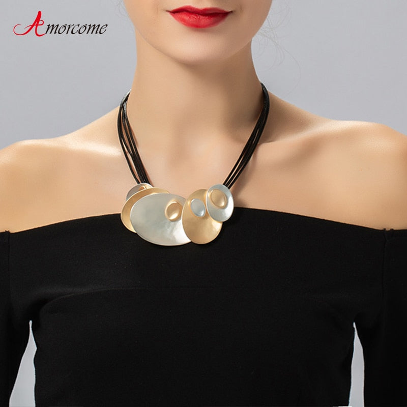 Amorcome Classic Geometric Chokers Collar Suspension Alloy Metal Pendants Black Rope Leather Chain Necklace for Women Jewelry