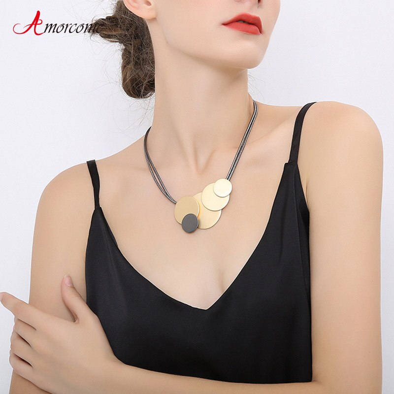 Amorcome Big Round Leather Chains Collar Necklace Geometric Metal Pendants for Women on Neck Choker Necklaces Jewelry