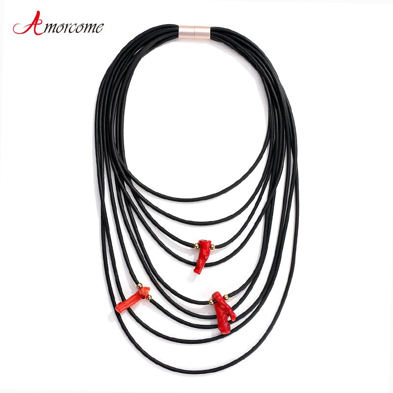Amorcome Handmade Black Wrap Leather Necklace for Women Minimalist Multi-strand Red Beads Rubber Rope Chain Necklace Jewelry