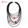 Amorcome Handmade Black Wrap Leather Necklace for Women Minimalist Multi-strand Red Beads Rubber Rope Chain Necklace Jewelry