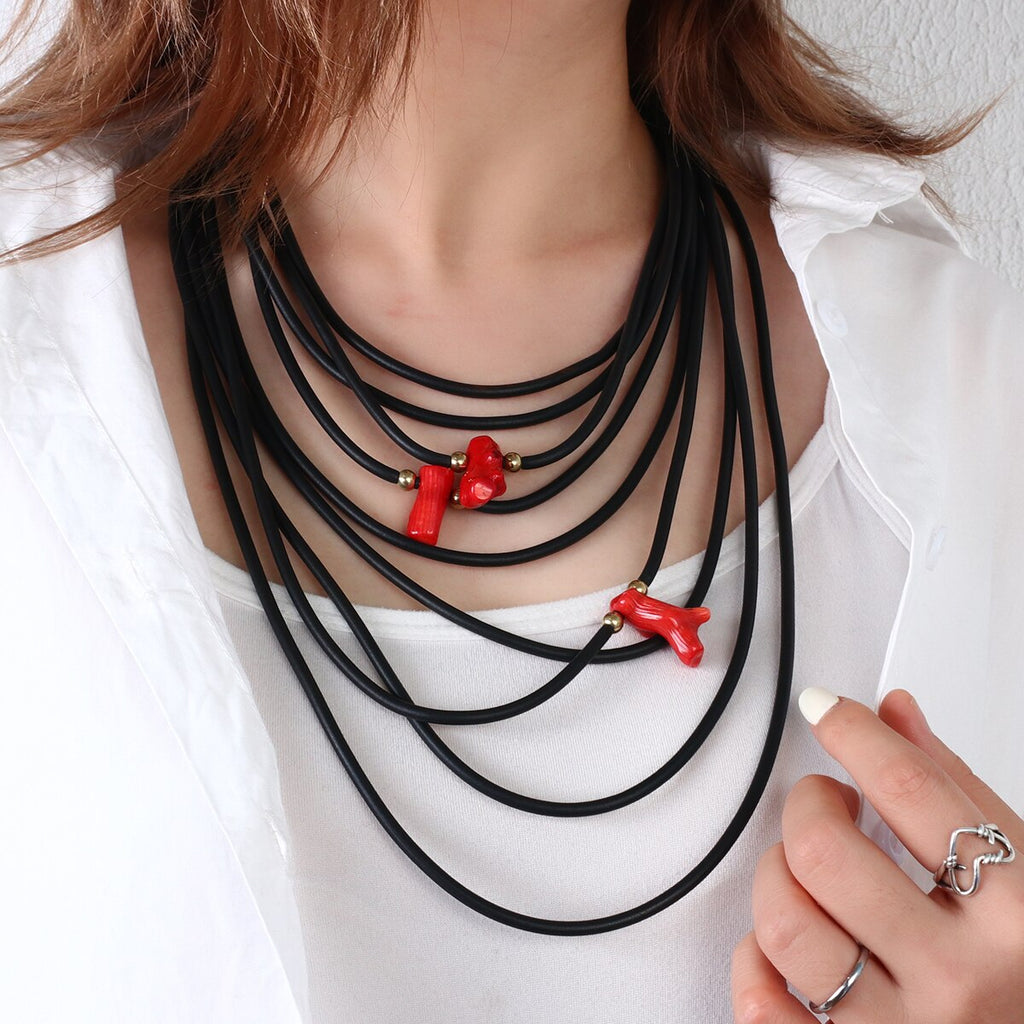 Amorcome Handmade Black Wrap Leather Necklace for Women Minimalist Multi-strand Red Beads Rubber Rope Chain Necklace Jewelry