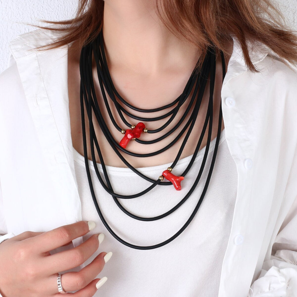 Amorcome Handmade Black Wrap Leather Necklace for Women Minimalist Multi-strand Red Beads Rubber Rope Chain Necklace Jewelry