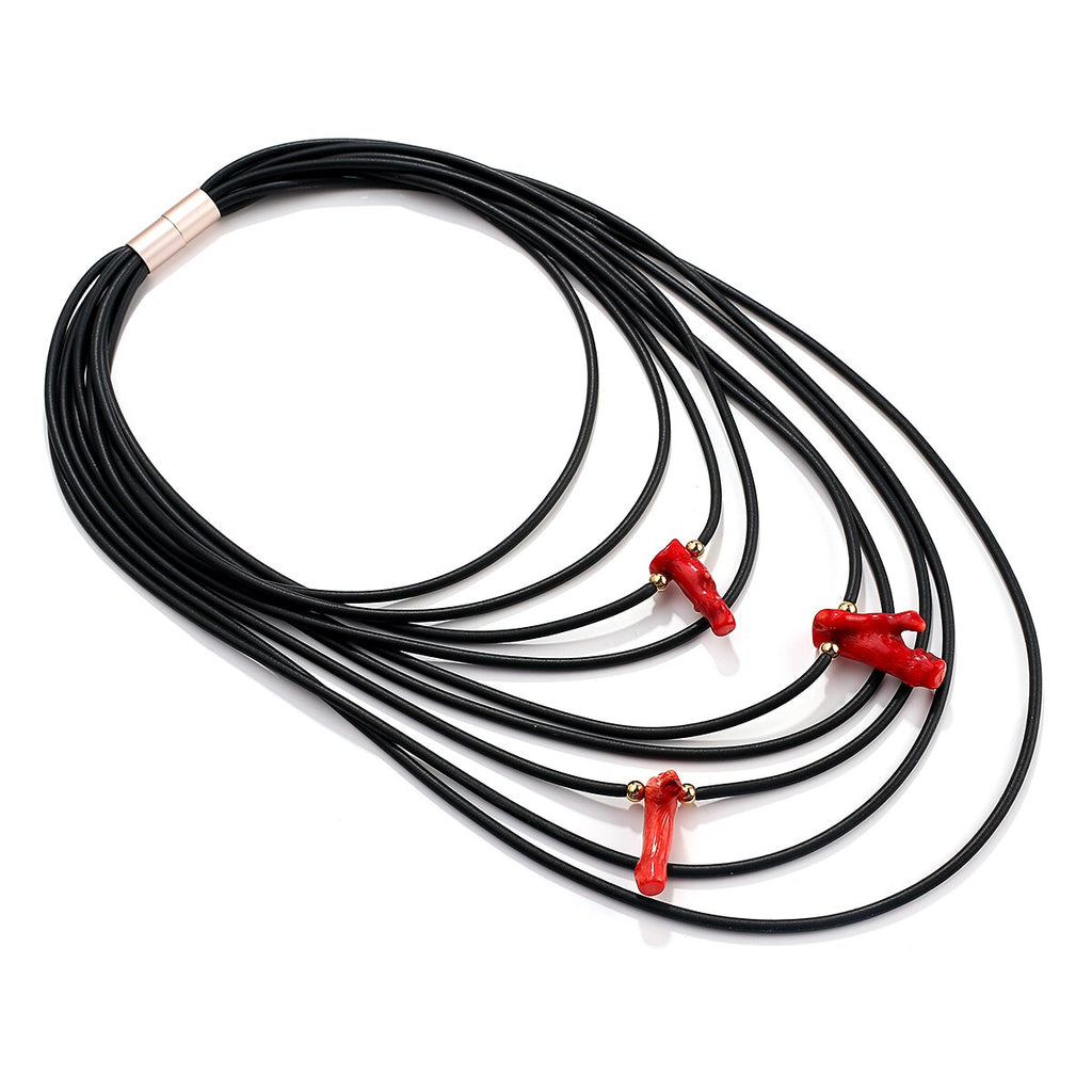 Amorcome Handmade Black Wrap Leather Necklace for Women Minimalist Multi-strand Red Beads Rubber Rope Chain Necklace Jewelry