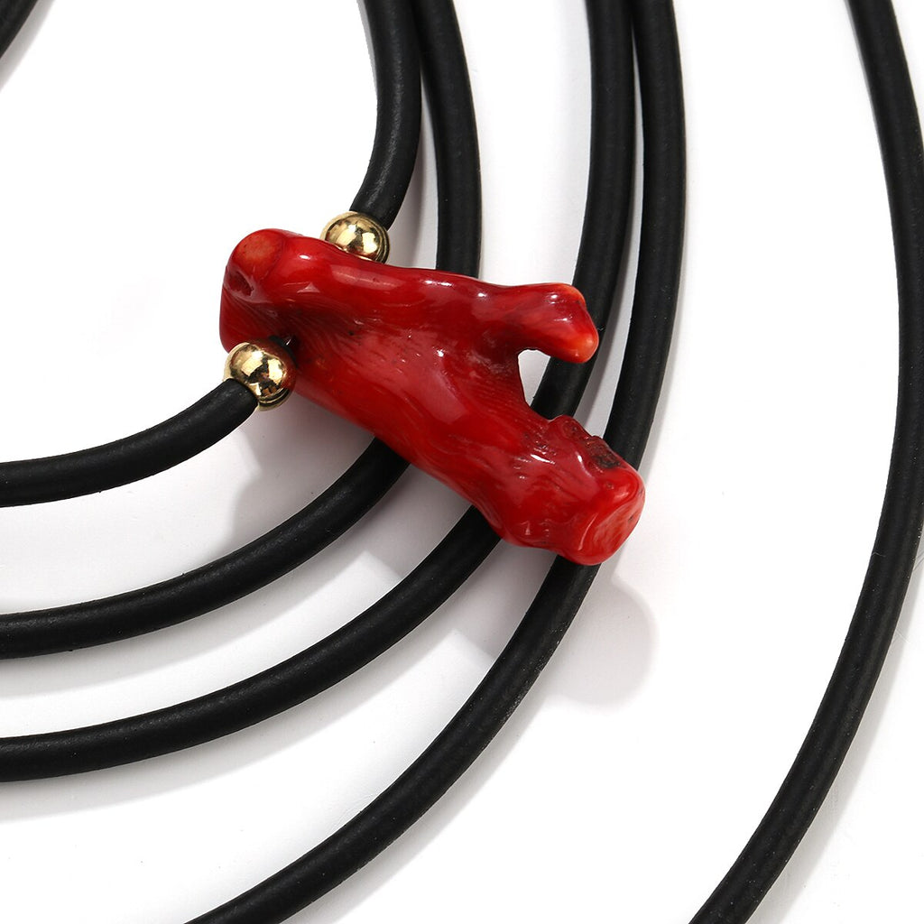 Amorcome Handmade Black Wrap Leather Necklace for Women Minimalist Multi-strand Red Beads Rubber Rope Chain Necklace Jewelry