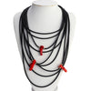 Amorcome Handmade Black Wrap Leather Necklace for Women Minimalist Multi-strand Red Beads Rubber Rope Chain Necklace Jewelry