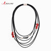 Amorcome Lightweight Black Rubber Chain Necklace Handmade Red Crystal Beads Multi Layer Leather Choker Necklace for Women Girls